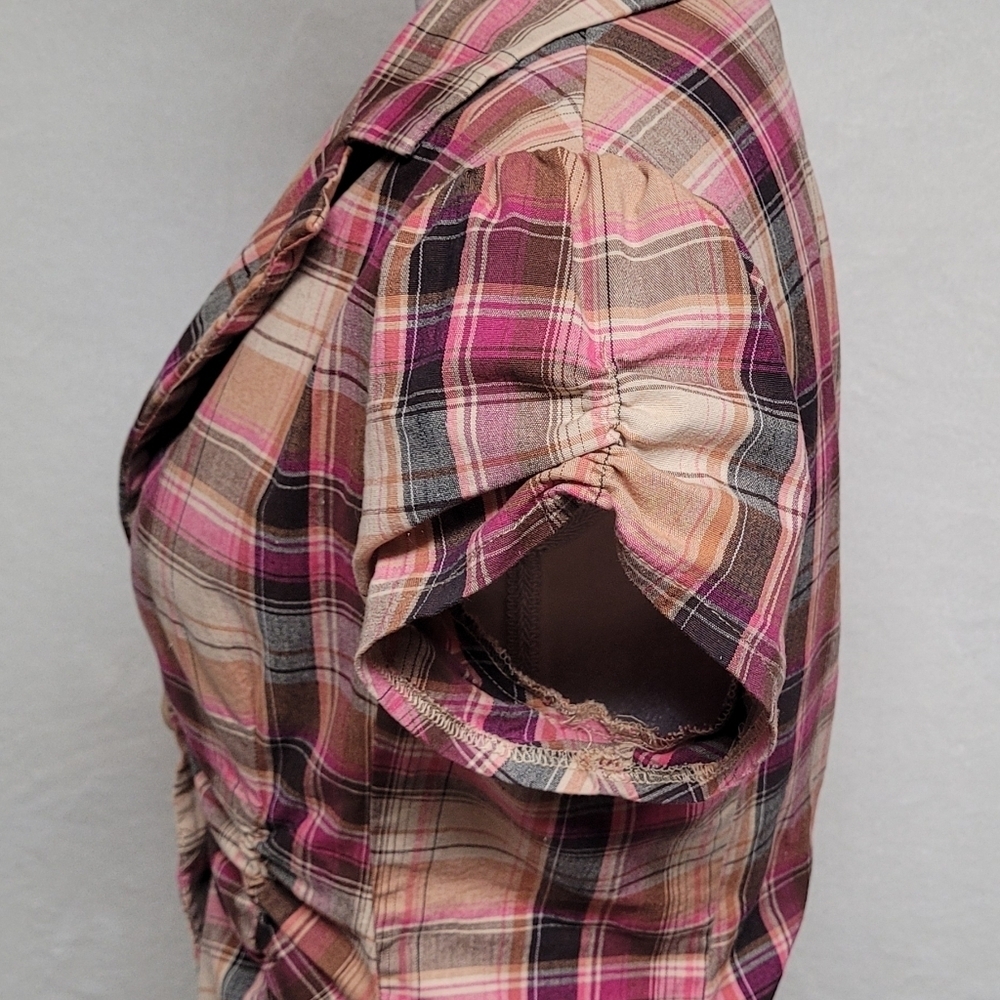 Rare Vintage 90s Rue21 Madras Plaid Stretchy Puff Sleeve Cropped Blazer Jacket - Picture 8 of 14